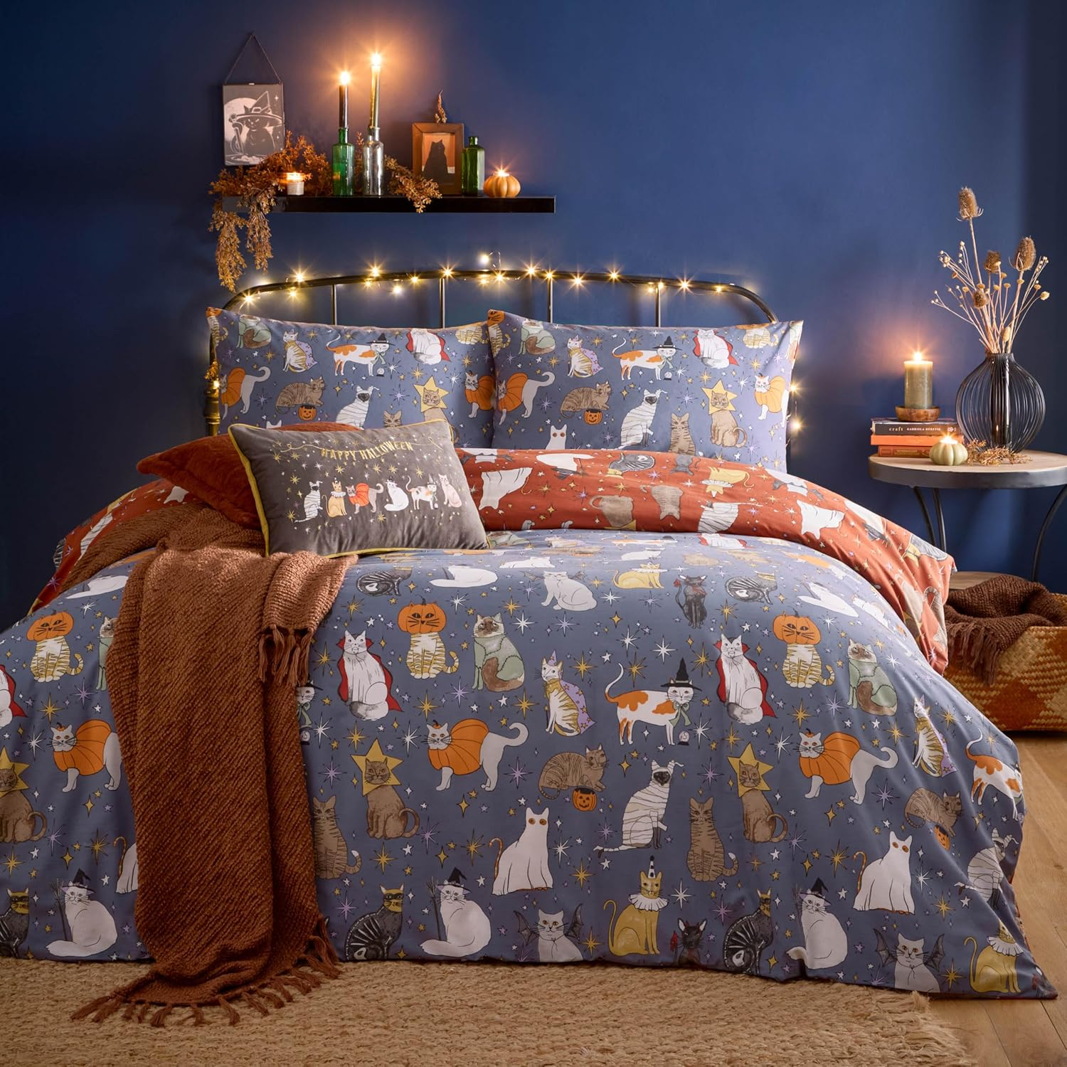 Furn Bootanical Duvet Cover Set - Autumn Floral Halloween Ghost Reversible Bedding (Multi-Colour - Double)