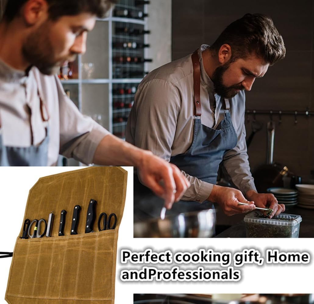 Chefs Knife Roll Bag, Portable Chef Knife Bag with 7 Slots Canvas Knives Pouch, Home Kitchen Outdoor Camping Tools (Brown)