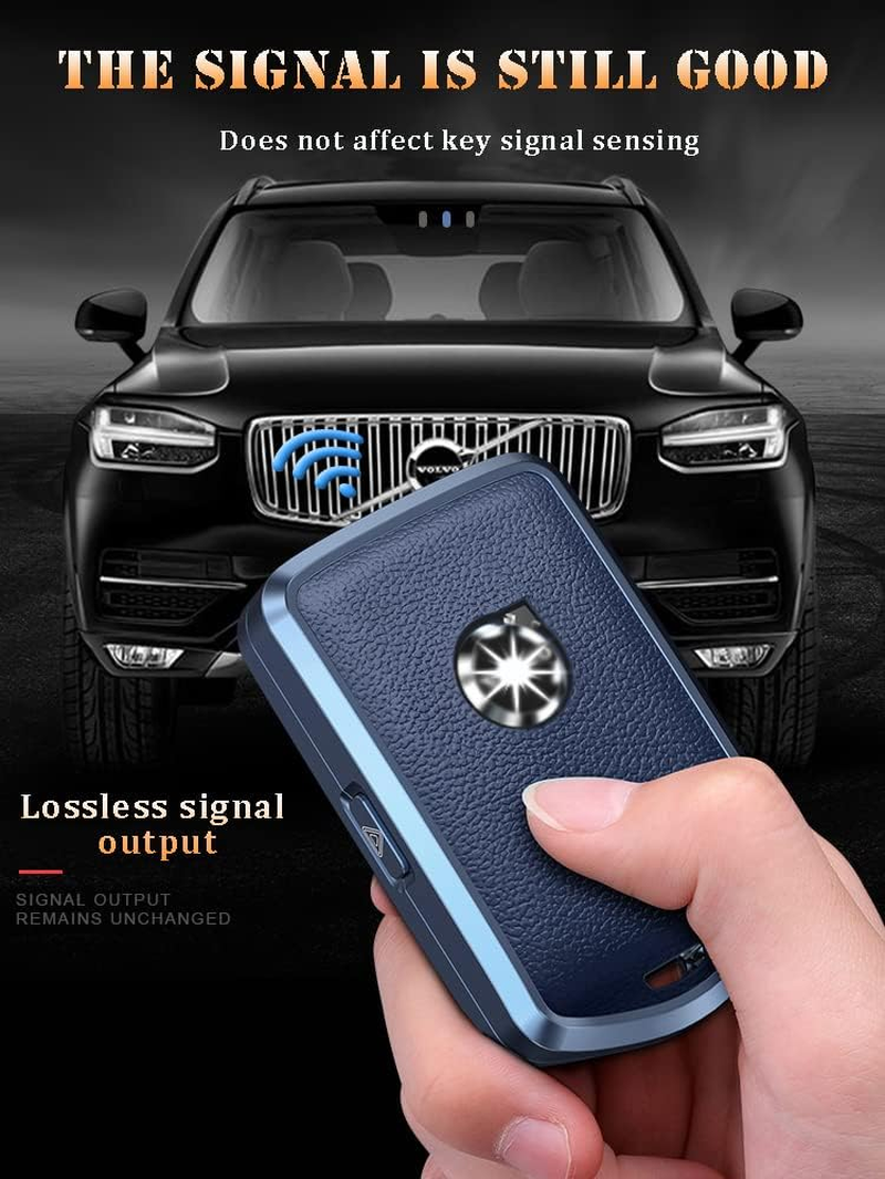 HIBEYO Alloy Leather Texture Car Key Fob Cover with Keychain Fits for Volvo XC90 XC60 XC40 S60 S90 V60 Polestar 1 T5 Car Key Case Cover Jacket Smart Remote Car Key Holder Key Shell 3 Button Blue image number 1