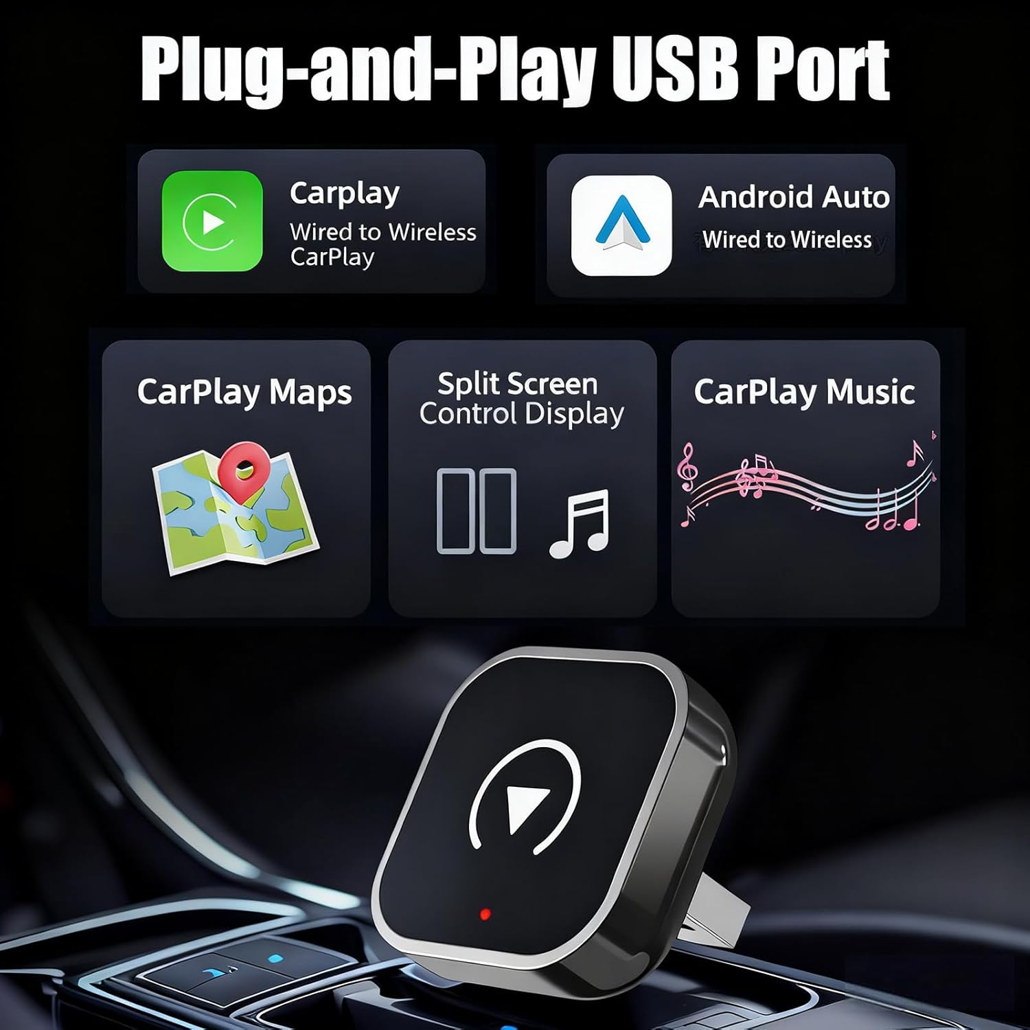 Car Wireless Carplay Adapter, Mini Android Auto Wireless Adapter, Carplay Wireless Adapter，Suitable for Converting OEM Wired to Wireless,Iphone 6+, Android 11+ Mini Car Player Adapter (Silver-White) image number 5