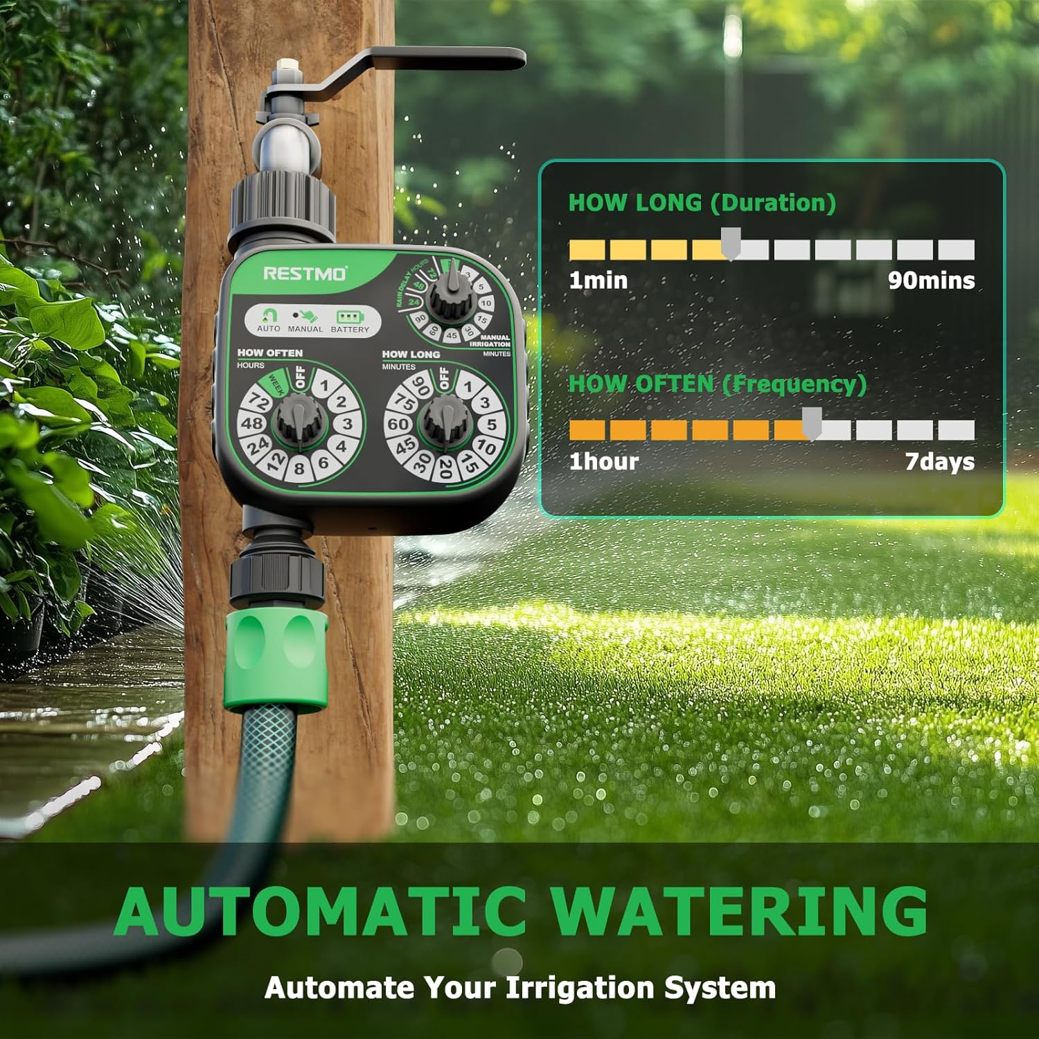 RESTMO 3-Dial Analog Water Timer, Mechnical Control Automatic Irrigation with Manual and Rain Delay, Sprinkler Timer for Garden Hose Watering, Self-Watering System, Easy to Set Up image number 3
