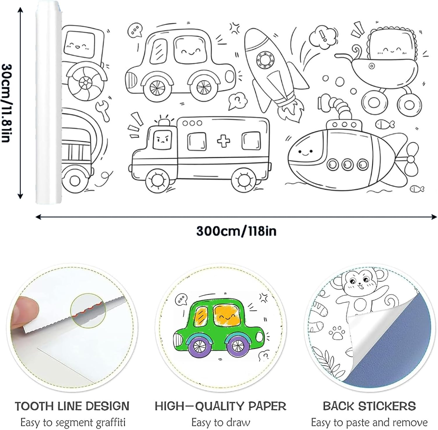 MYLEUS 2 PCS 118X11.8 Inch Coloring Paper Roll for Kids,Sticky Drawing Paper Roll, DIY Drawing Color Filling Paper, Educational Toys,Kids Birthday Christmas Party(Vehicle & Food) image number 6