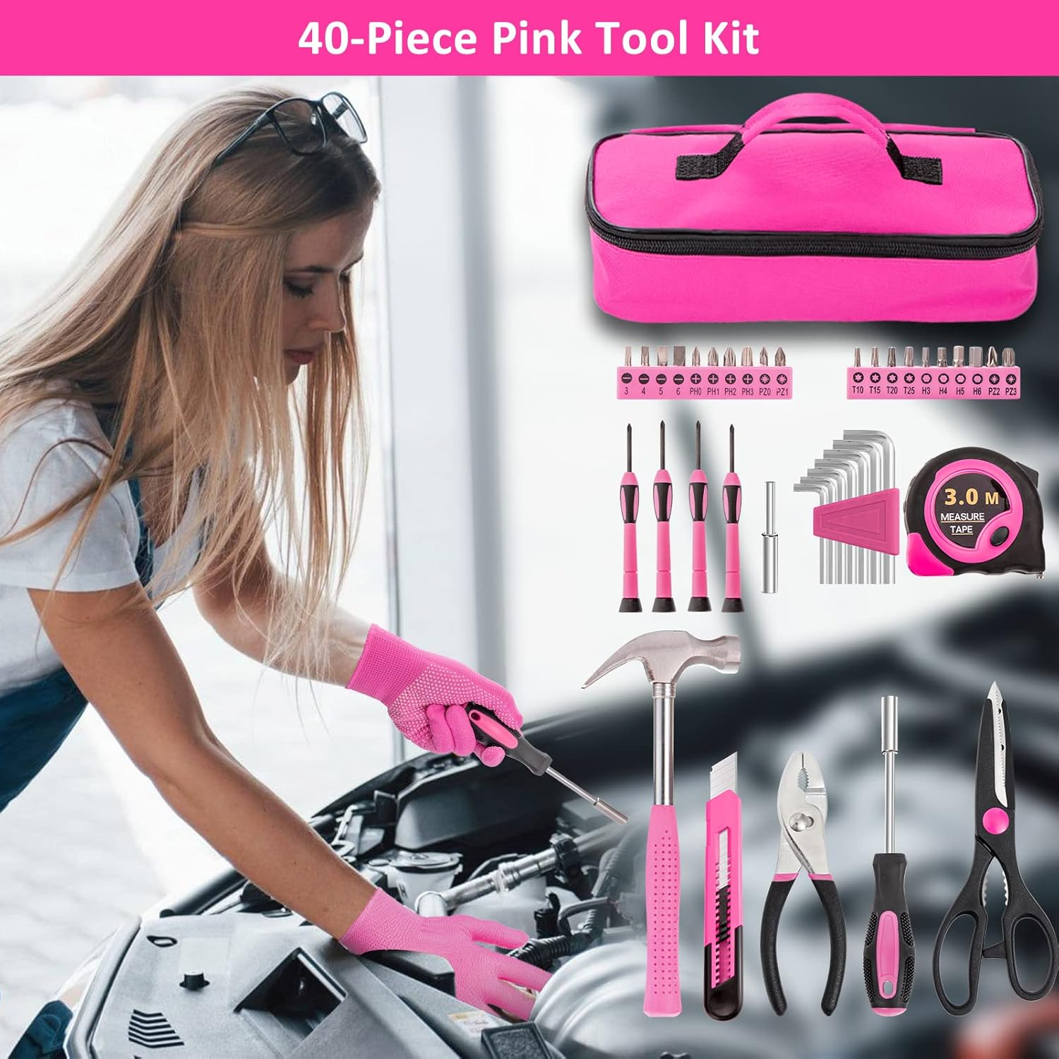 HLWDFLZ Car Roadside Emergency Kit - Pink Assistance with Jumper Cables, Auto Repair Tool Set, Deer Whistles, Winter Safety Assist for Teen Girl and Ladies image number 2