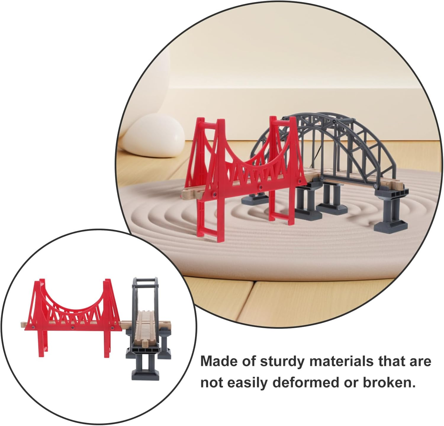TOYANDONA Wooden Train Set Accessories, Train Bridge Model, Wooden Train Track Accessories Double Suspension Bridge Set, Compatible with Brio, Toy for Kids Toddlers image number 2