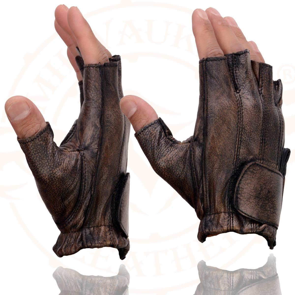 Men'S Distressed Brown Fingerless Gloves W/ Gel Palm image number 4