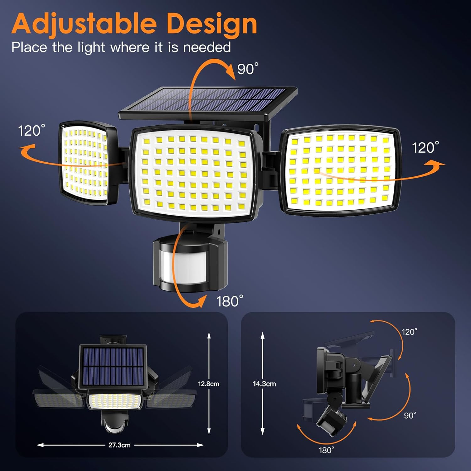 Quntis Solar Motion Sensor Lights 2 Pack,189 LED Security Flood Lights with 3 Adjustable Heads, IP65 Waterproof Outdoor Solar Fence Lights for Garden Wall Door Yard Pathway Patio