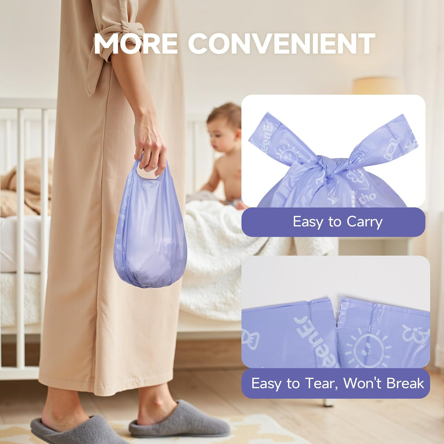 Disposable Nappy Bags with Handles 100 Count (4 Rolls), Leak-Proof Odor Lock Unscented Nappy Sacks on the Go, Ocean Recycled Plastic image number 4