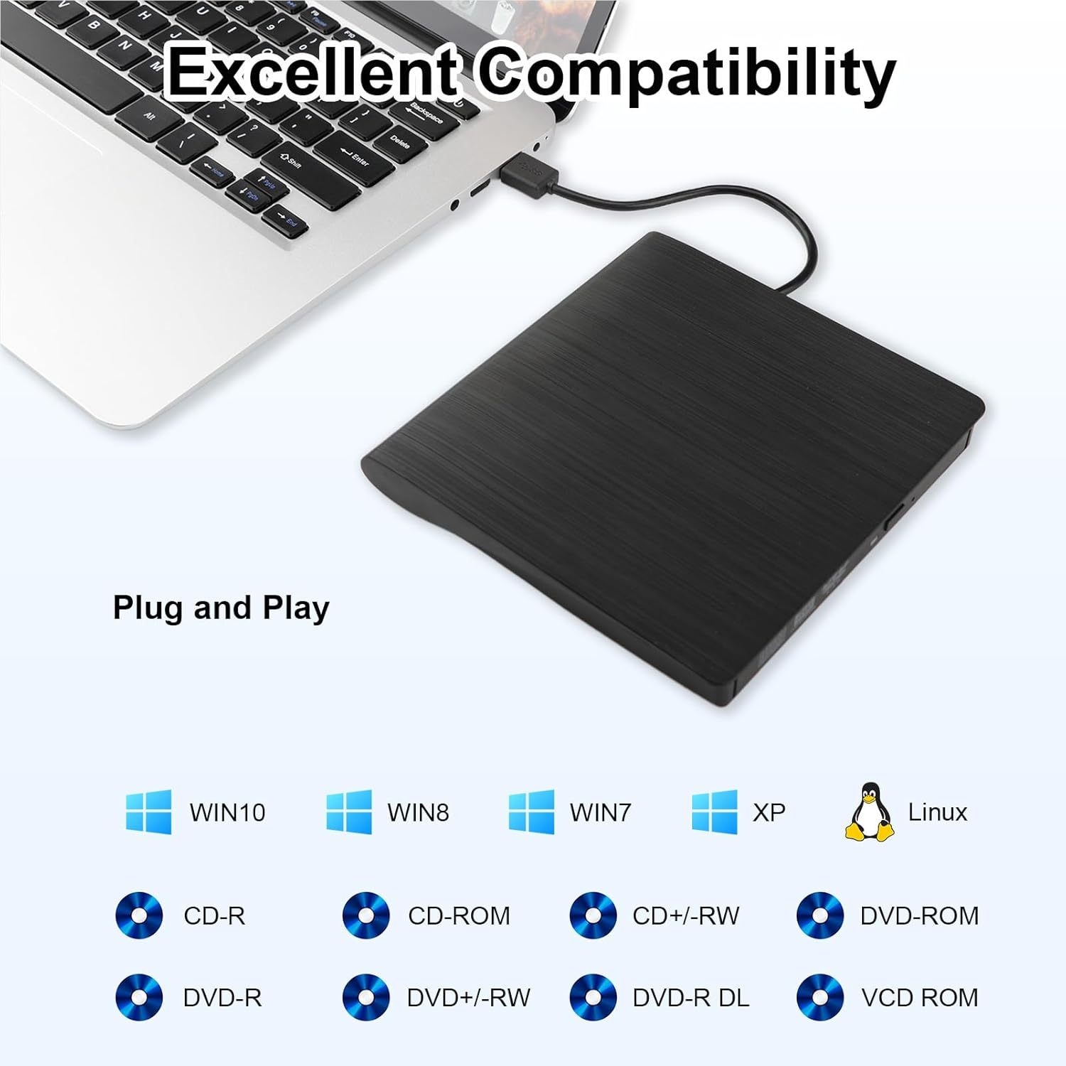 External CD DVD Drive, CD Burner, USB 3.0 Portable External Writer Reader for Laptop Desktop Windows Linux, High Speed Data Transfer Slim Lightweight Optical Disc Drive Reading & Burning image number 2