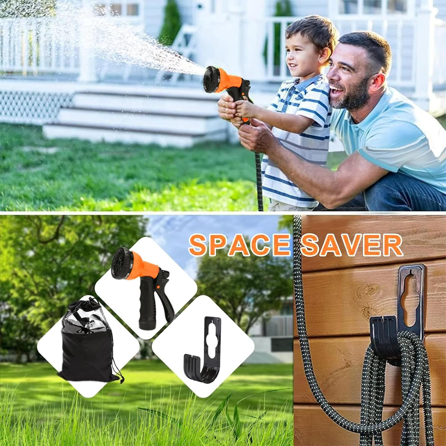 100Ft Expandable Garden Hose, with 8-Pattern Nozzle, 1/2' & 3/4' Convertible Connectors, Retractable Water Hose High Pressure with Dispenser Bottle for Car Wash & Lawn Watering