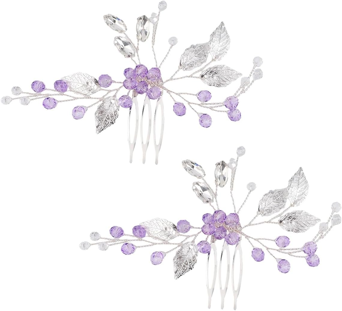 Laroal Elegant Bridal Leaf Crystal Rhinestone Hair Comb Headband - Purple and Silver Wedding Tiara for Women Girls Bridesmaids (14 * 7.5Cm) image number 6