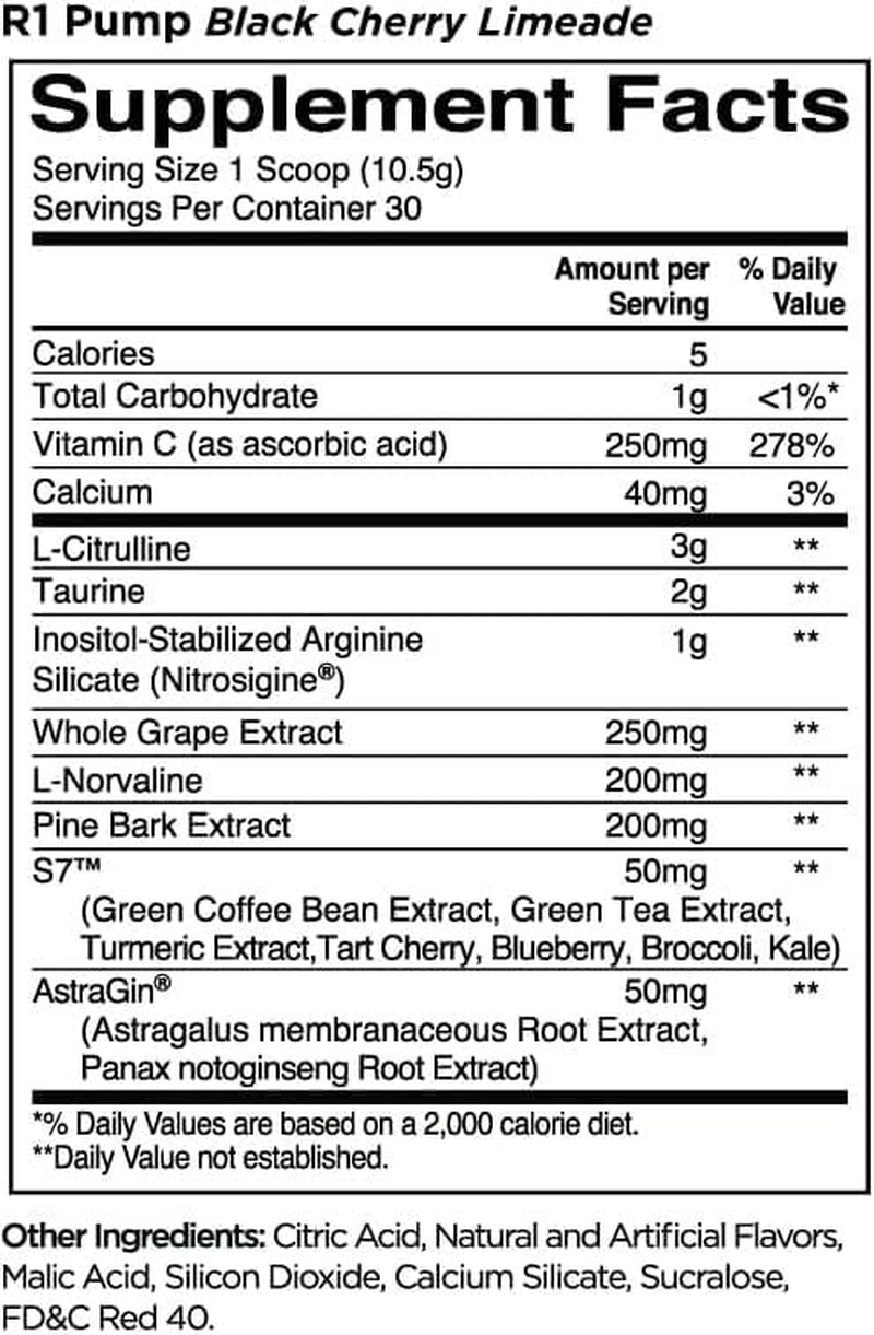 Rule 1 Pump Stim-Free Nitric Oxide Support Pre-Workout Powder 315 G, Black Cherry Lemonade (30 Servings)