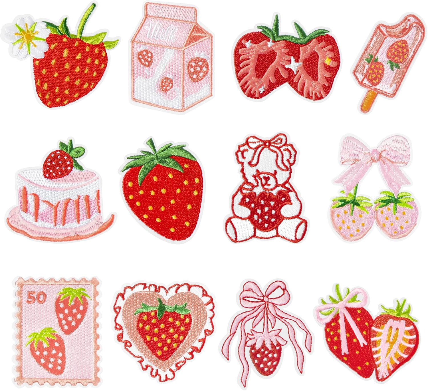 12Pcs Strawberry Iron on Patches Cute Fruit Cake Bow Sew on Repair Embroidered Applique Pink Red Coquette Aesthetic Girly Style DIY Craft Accessories Gifts for Preppy Girls Women Clothing Backpack Hat image number 3