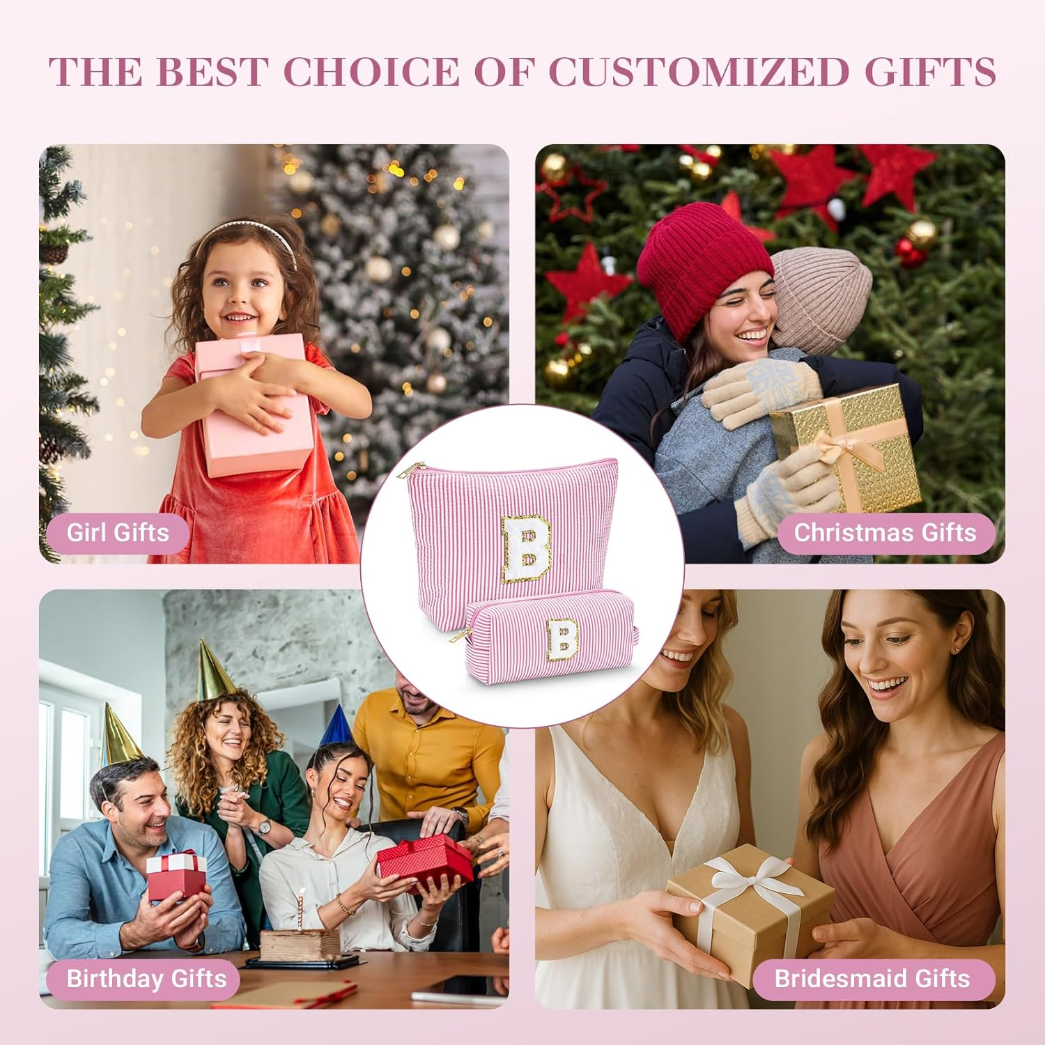 LIAN Makeup Bag Set Initial Cosmetic Bags Travel Toiletry Bags for Women Teen Girls Friend Birthday Gifts Personalized Gifts(Pink-M)