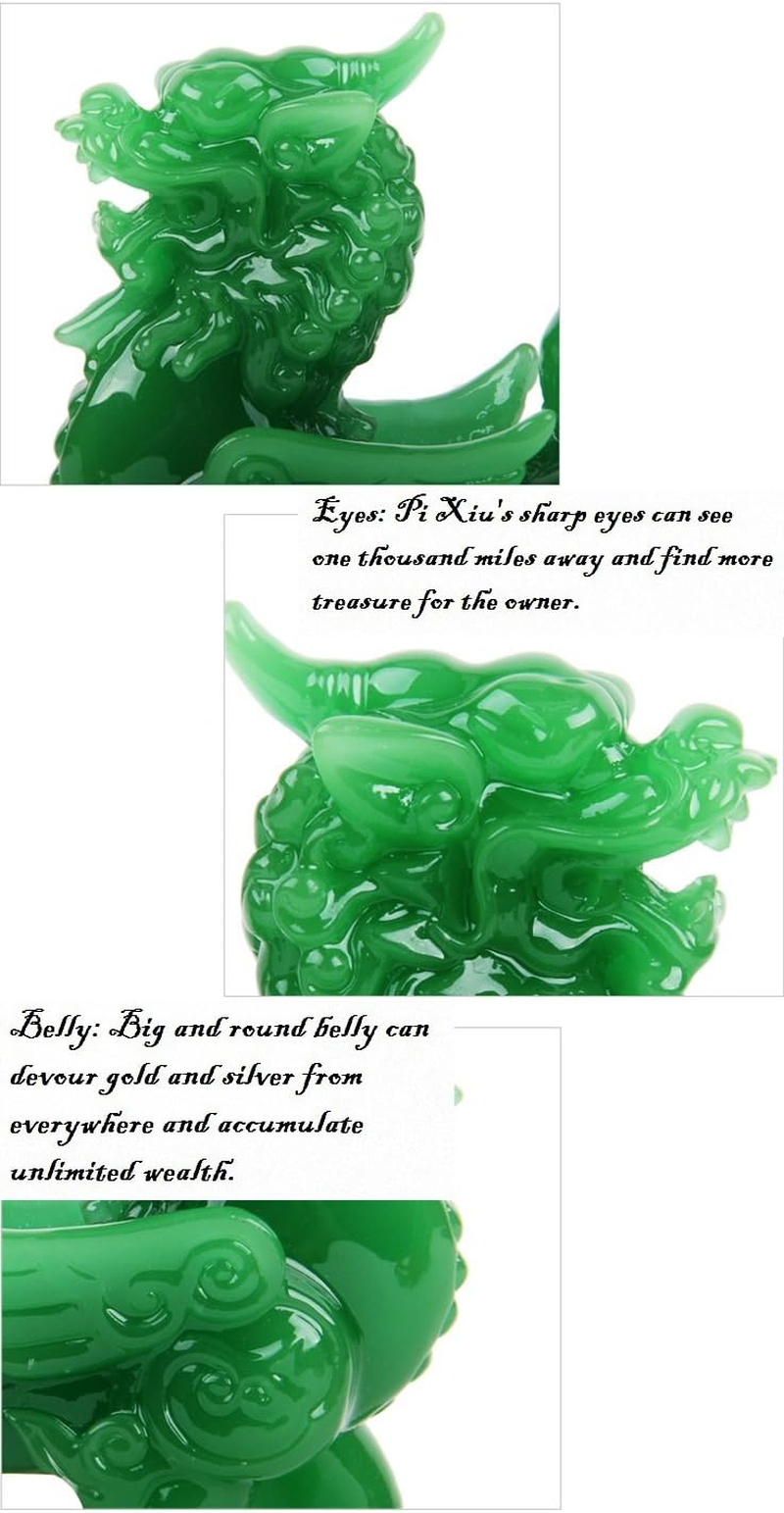 Wenmily Feng Shui Green Pi Yao/Pi Xiu Wealth Porsperity Statue + Free Prosperity Protection Set of 5 Lucky Charm Ancient Coins on Red String,Feng Shui Decor image number 1