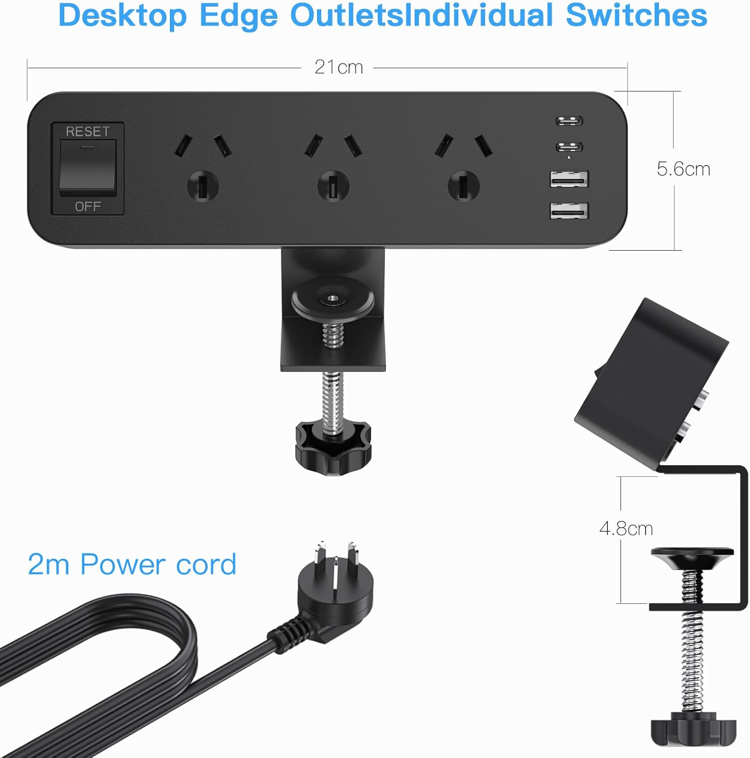 Yundian Power Strip with USB, 3 AC Outlets, 2 USB C Ports, 2 USB a Ports, 2M Extension Cord, 10A/2500W, Black