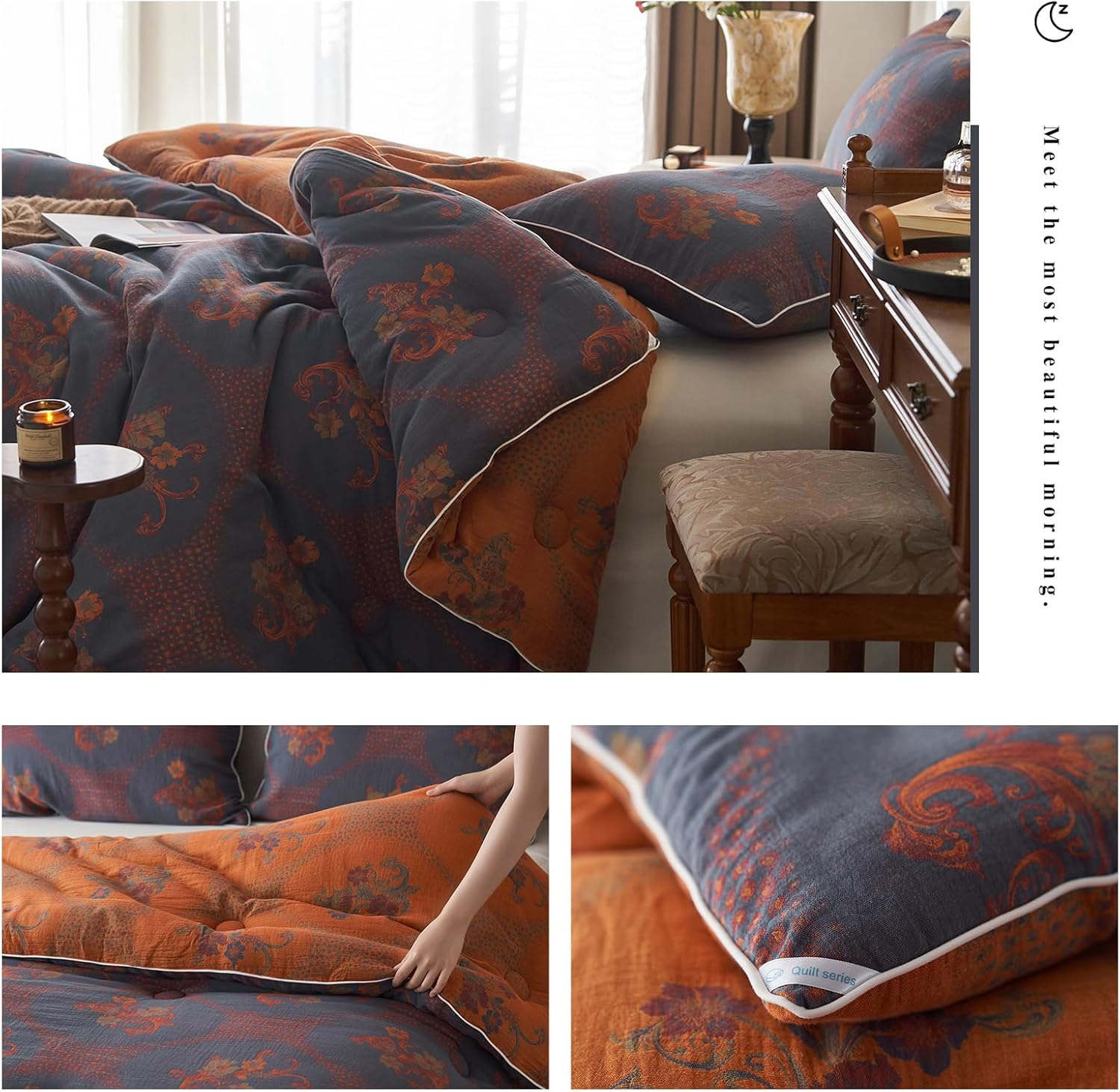 Mixinni Vintage Floral Comforter Set King Size, All Seasons Muslin Cotton Bedding Set, 3 Pieces Farmhouse Shabby Chic Jacquard Floral Comforter Set Perfect for Women and Men-Grayish Blue/Pumpkin image number 3