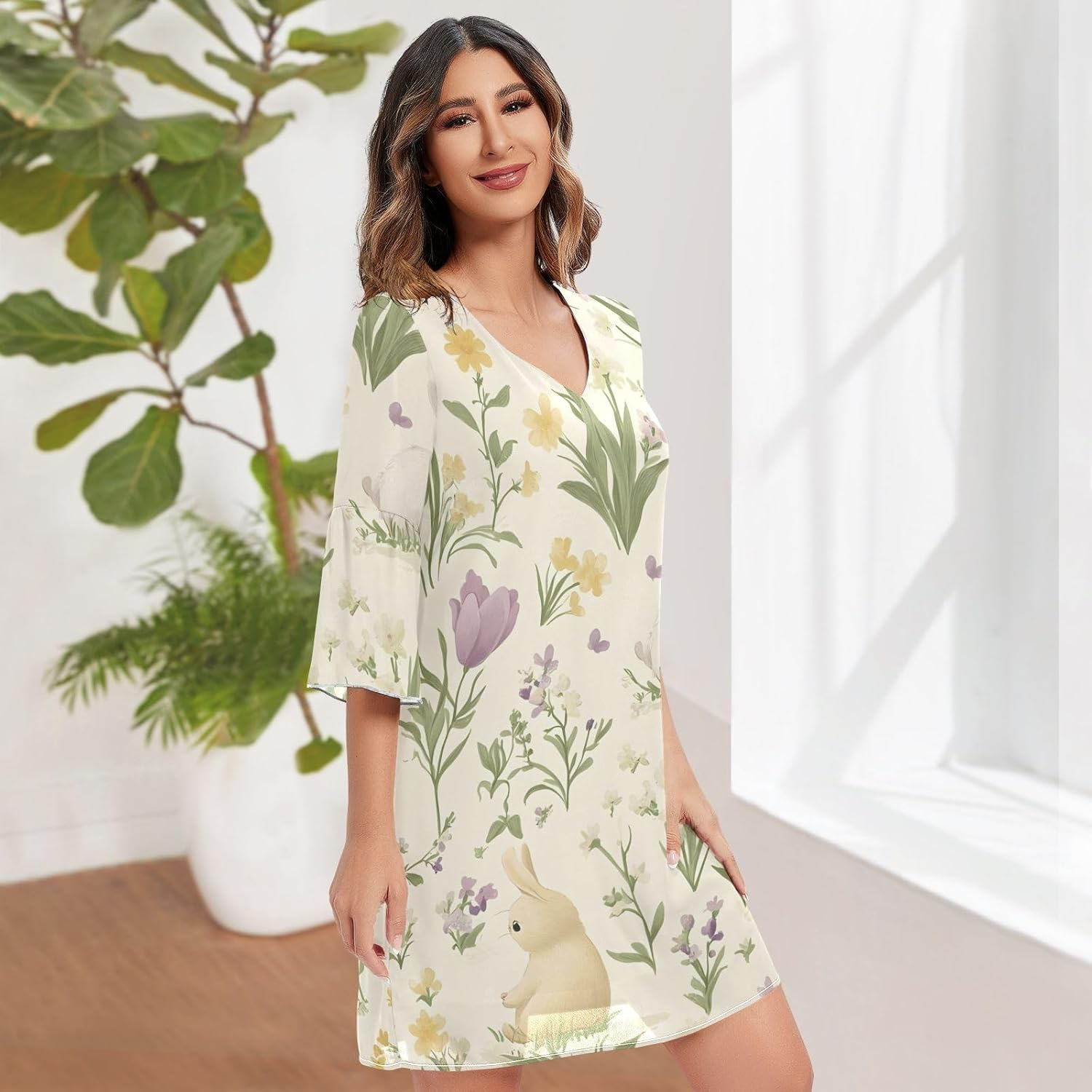 Easter Rabbits Cute Flowers Ladies Chiffon Dress 3/4 Sleeve Maternity Dress Party S-XXL image number 5