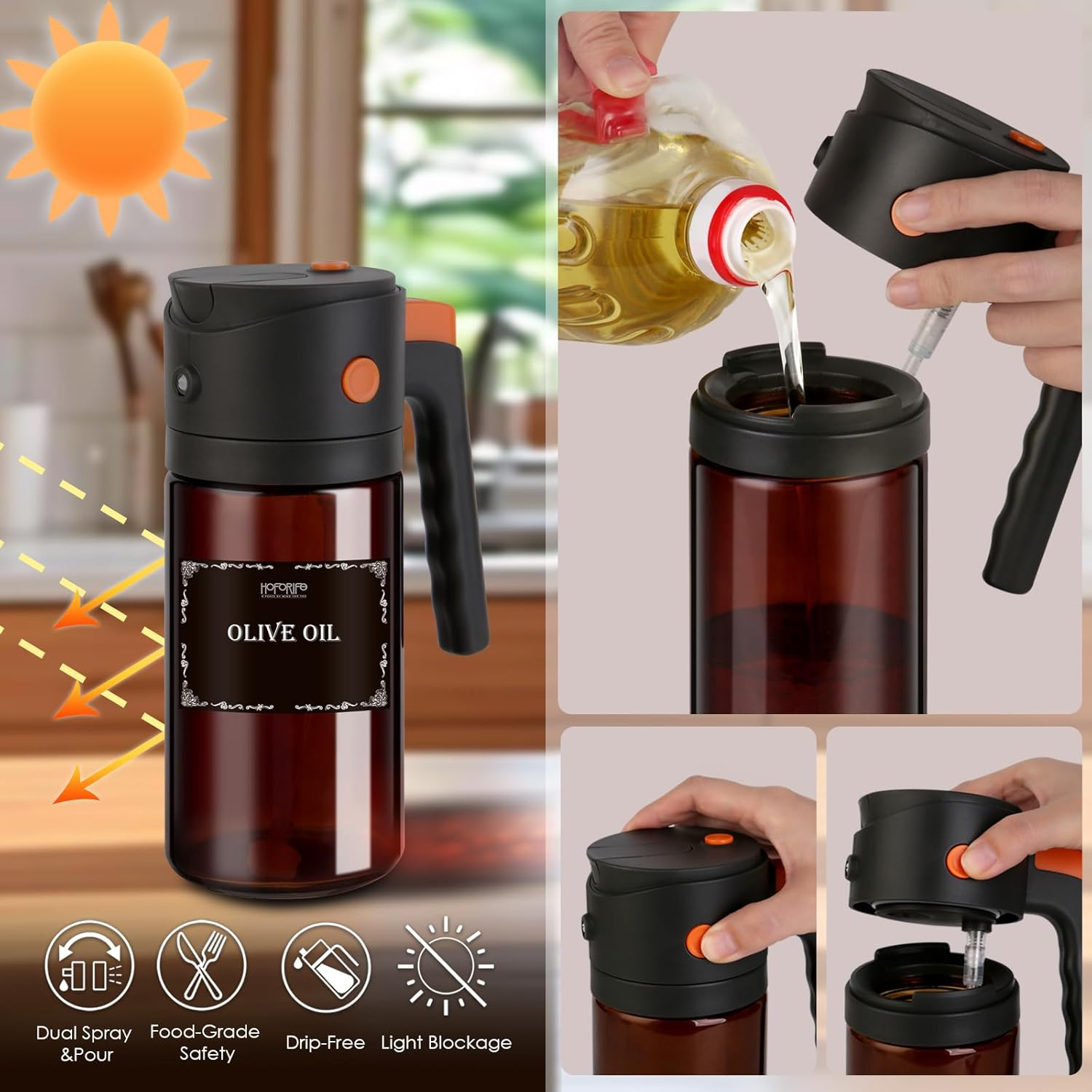 Glass Kitchen Maiden 2 in 1 Olive Oil Dispenser & Oil Sprayer for Kitchen Cooking, Olive Oil Dispenser Bottle, Auto Flip Cap, 16Oz Brown (Light Blockage) image number 5