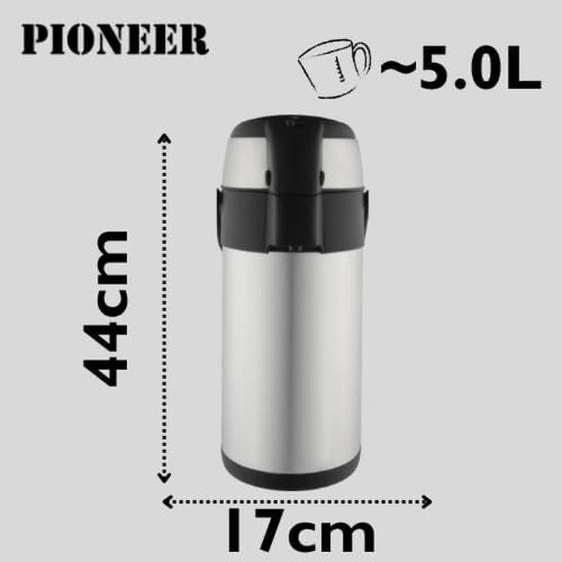 Pioneer Flasks SS50R Stainless Steel Airpot Hot Cold Water Tea Coffee Dispenser Conference Event Flask, Satin Finish, 5 L image number 3