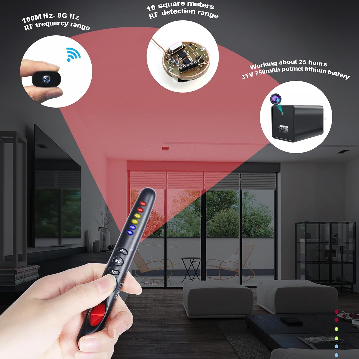 Hidden Camera Detector with RF Signal Scanner, Personal Alarm, Pinhole Camera Lens Finder, Luggage Alert & Door Intrusion Detection for for Airbnb, Hotels, Home, Office, Bathroom, and Travel