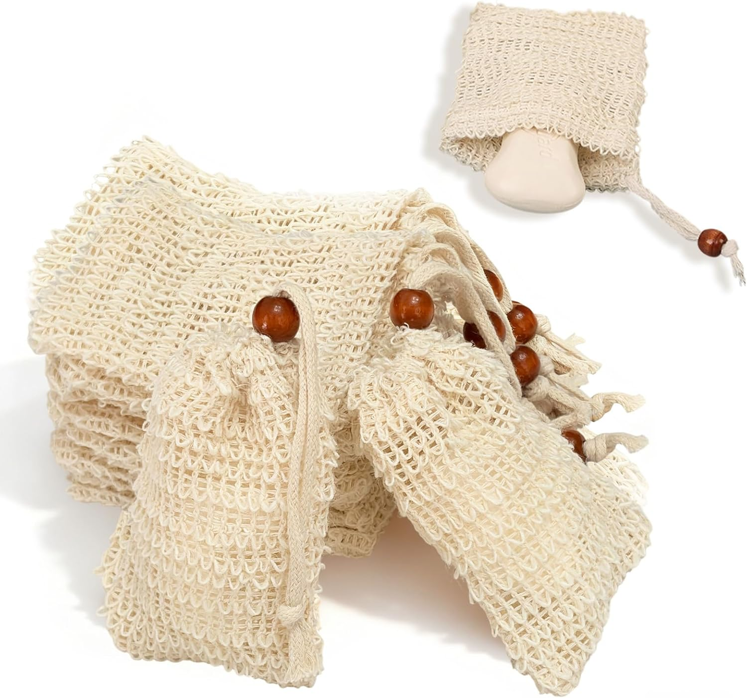 10 Pcs Soap Bag, Natural Ramie Soap Saver Bags, Handmade with Brown Bead Drawstring Exfoliating Foaming Pouch Mesh Holder Quick Drying Pouch for Shower Bath Travel & Daily Use Plastic-Free image number 2