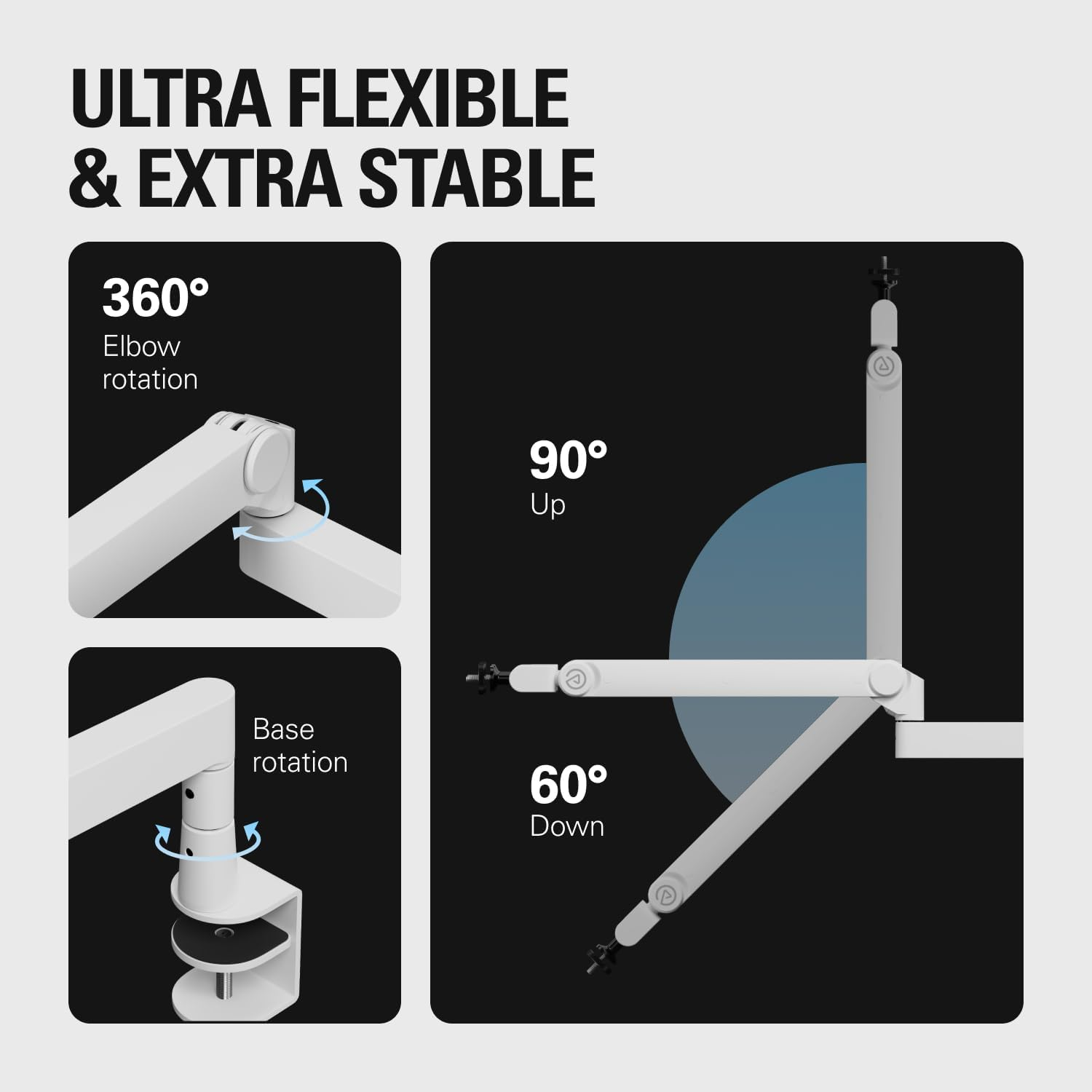 Elgato Wave Mic Arm Pro White - 360&deg; Rotatable Low Profile Gas Spring Microphone Arm, Works with Elgato Mics/Shure Sm7B/Hyperx Quadcast/Rode/Blue Yeti & More &ndash; for Broadcasting/Podcasting/Streaming image number 3