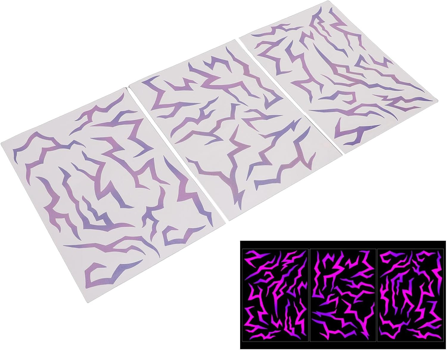 MENDUNER 3Pcs Glow in Dark Anime Stickers, Purple Temporary Tattoos, Face Body Art for Cosplay Christmas Parties, Easy Apply Remove, Festive Reactive Skin Stickers for Teens Adults image number 4