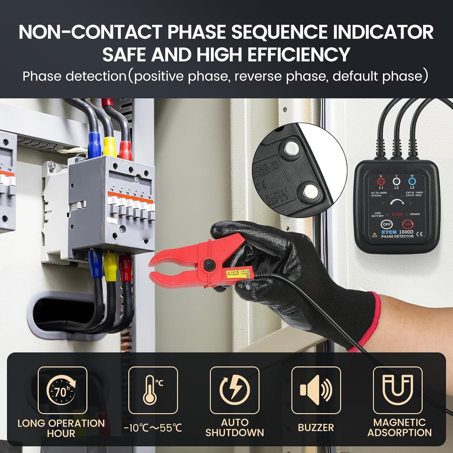 EITAI-ETCR1000D Non-Contact Phase Sequence Tester, AC 70V-1000V, &Phi;1.6Inch/40Mm, Manufacturer Direct Sales, Phase Rotation Meter image number 1