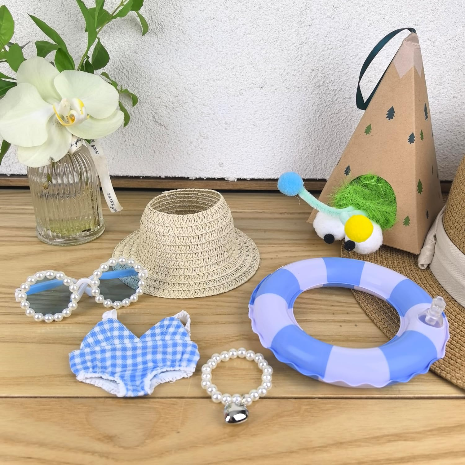5 - Piece Doll Clothes Swimsuit Set | Straw Hat, Pearl Sunglasses, Blue Plaid Swimming Suit , Pearl Necklace & Swim Ring for 14 - 17Cm Labobo Labibu (No Doll)