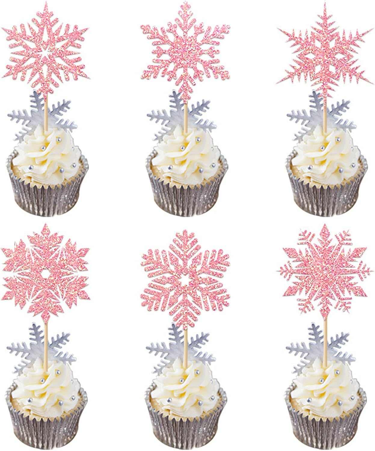 24Pcs Snowflake Cupcake Toppers Glitter Winter Little Snowflake Cupcake Picks for Winter Wonderland Themed Baby Shower Kids Birthday Christmas Party Cake Decorations Supplies - Pink