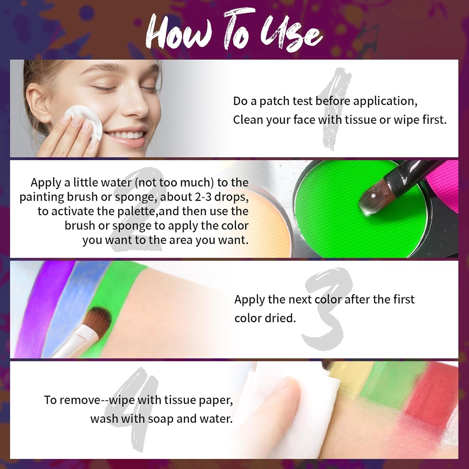 YBUETE 8 Colors UV Black Light Face Paint Palette, Glow in the UV Blacklight Body Paint,8 Colors Neon Fluorescent Body Paint Palette for Halloween Makeup, Cosplay Party, SFX Makeup Palette with Brush image number 6