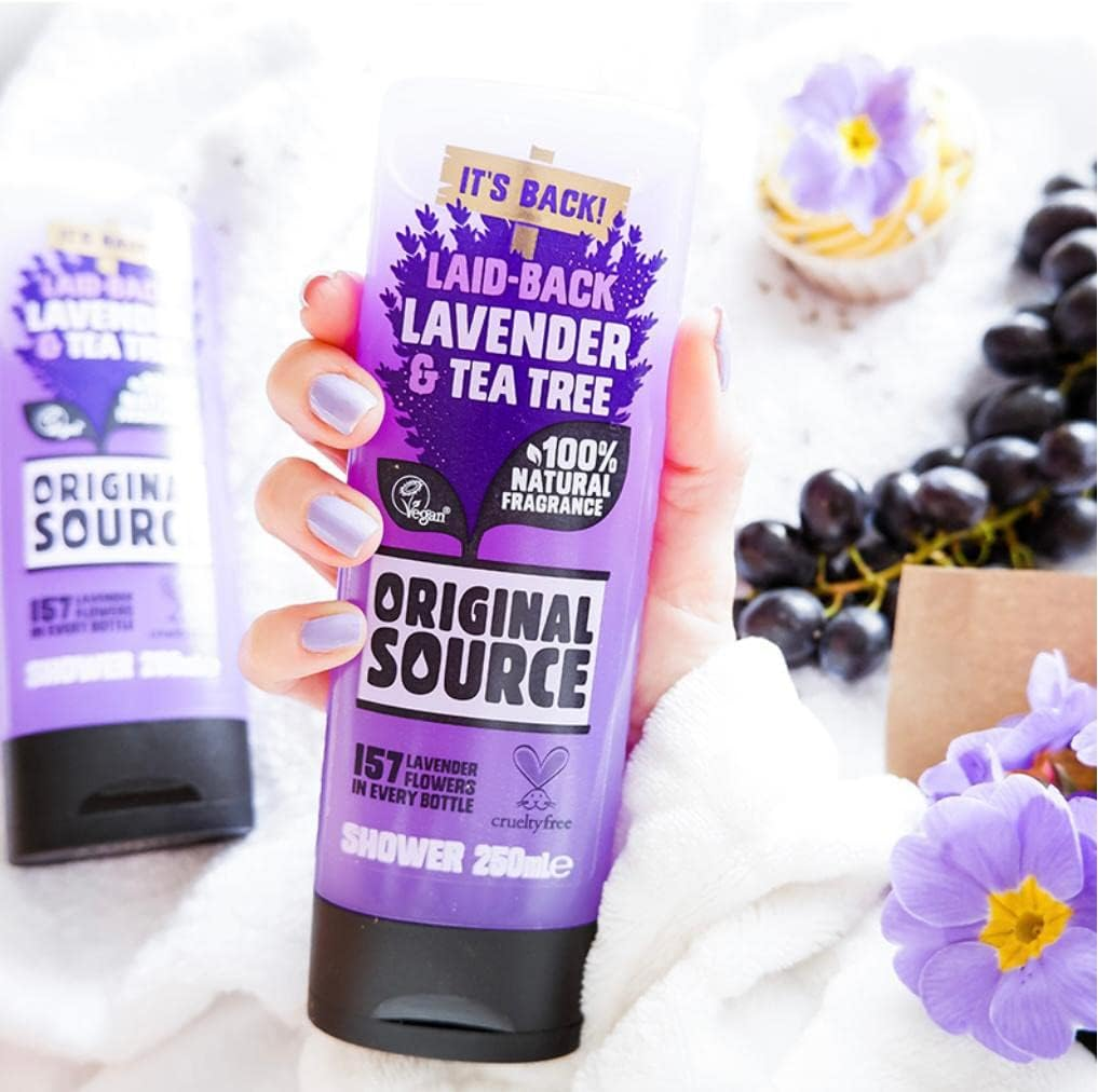 ORIGINAL SOURCE SHOWER GEL SET 4X250ML NEW FRAGRANCE FRESH SEA SALT & SAMPHIRE, ZINGY LIME, SWEET RHUBARB & RASPBERRY, LAID-BACK LAVENDER & TEA TREE BODY WASH TREE, COMBO PACK image number 1