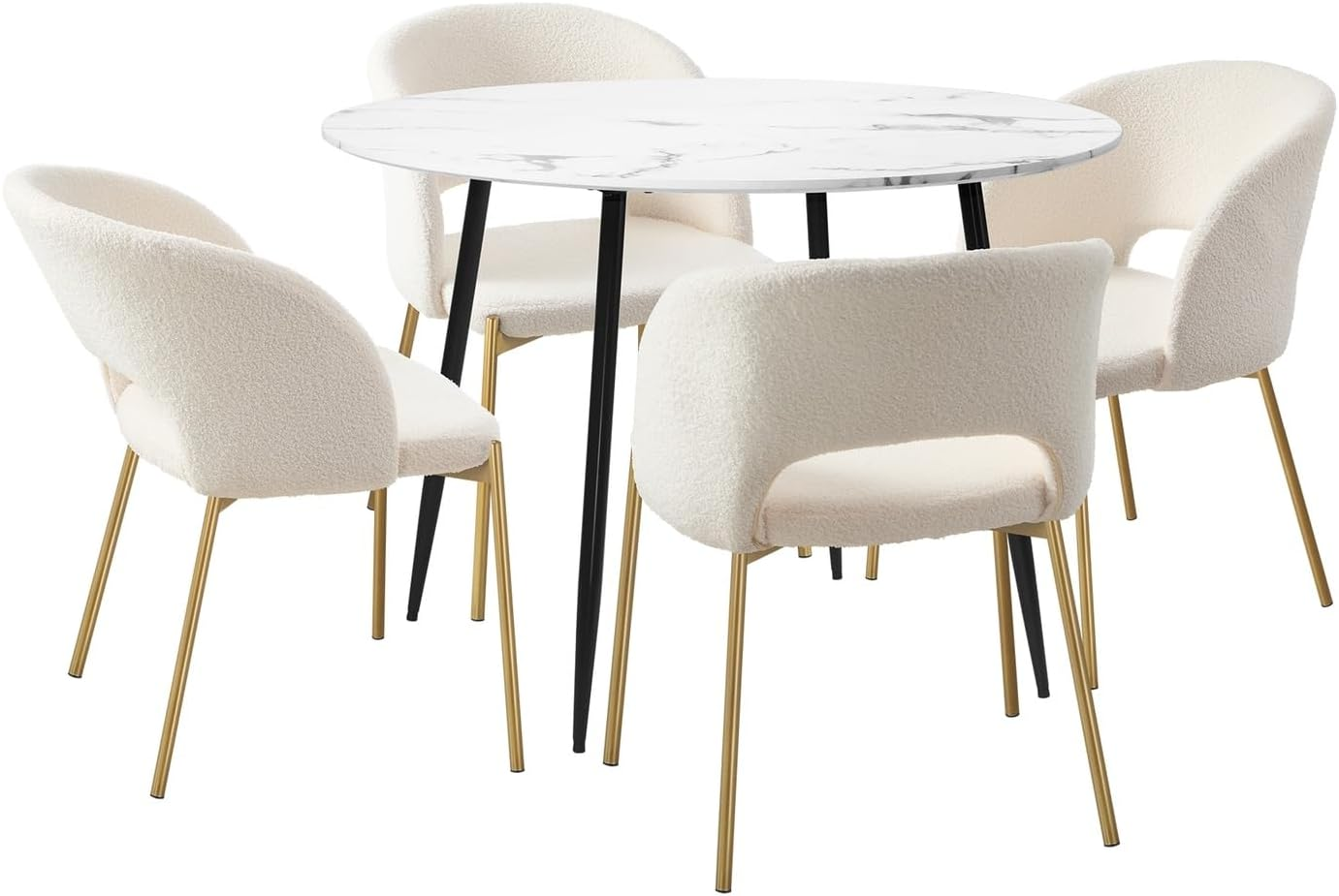 Oikiture 110Cm round Dining Table and Chairs White Dining Set with Marble Table and Sherpa Dining Chairs Set of 4