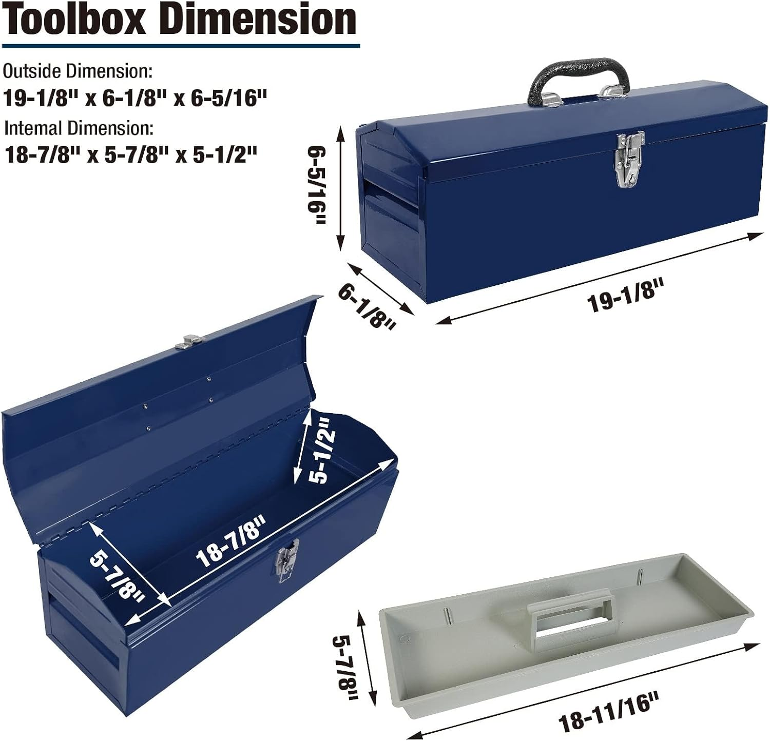 TCE ATB101U-1 Torin Portable Steel Tool Box: 19" Hip Roof Style with Metal Latch Closure and Removable Storage Tray, Blue image number 4