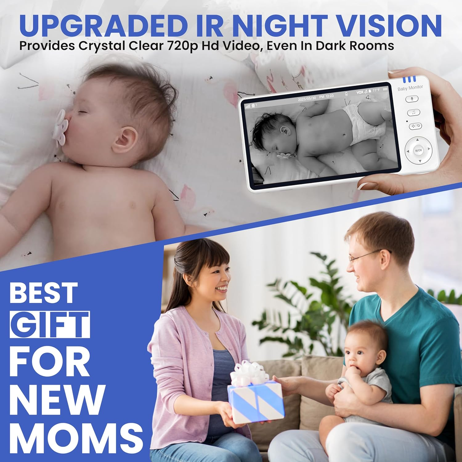 Baby Monitor- 5-Inch Large Ultra HD Display Baby Camera Monitors, Wireless Camera and Audio, Night Vision, 4X Pan-18 Hours VOX Mode,Temperature Sensor, Baby Monitor No Wifi with Lullabies image number 3