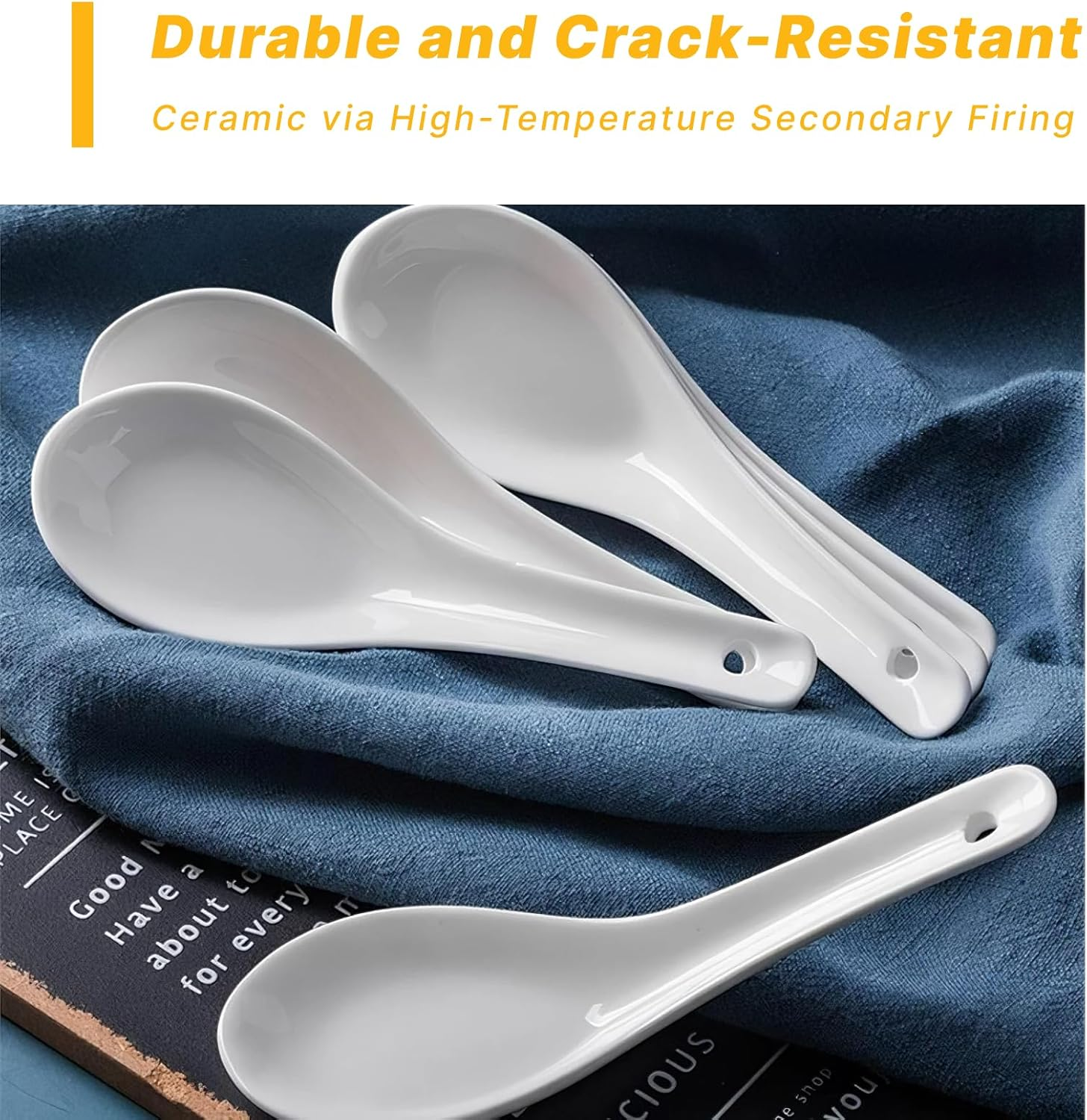 Set of 6 Asian Ceramic Soup Spoons, 4.92" Ramen Spoons, Ideal for Pho, Miso, Wonton, Dumpling, Macaroni, Dishwasher & Oven Safe, Apply to Perfectly Complements Corelle Soup Bowls image number 3