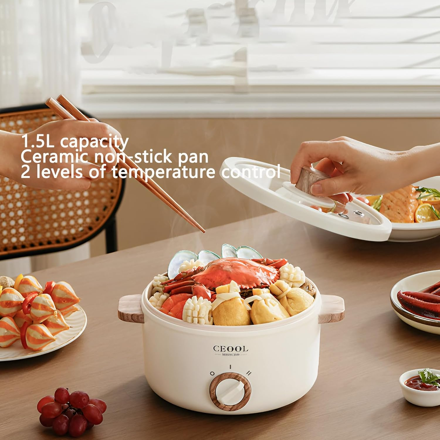 Hot Pot Electric, 1.5L Portable Electric Skillet with Nonstick Coating, Multi-Function Cooker for Stir Fry, Steak, Noodles, Ramen Cooker for Dorm and Office