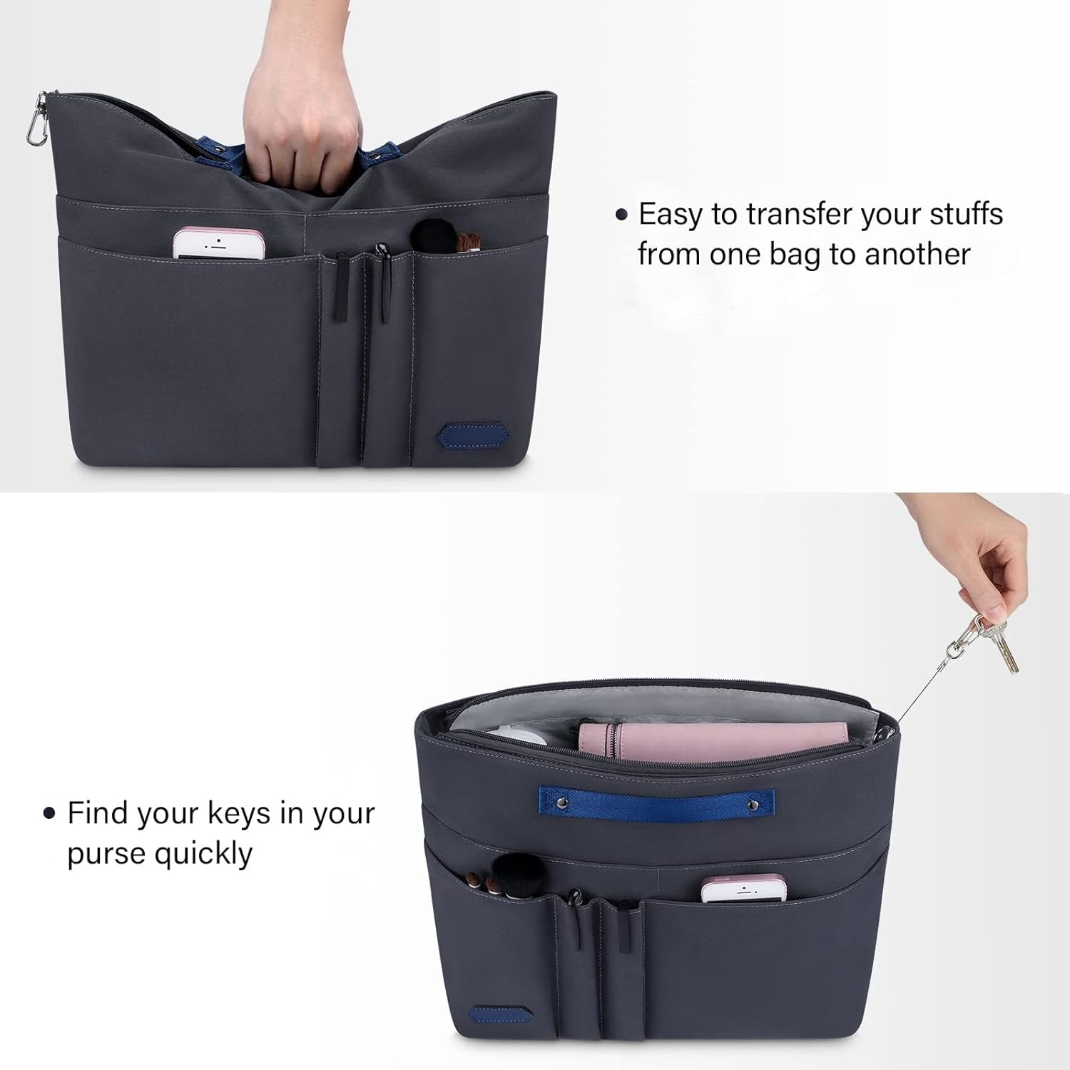 Purse Organizer Insert with Zipped Top for Tote Bag, Handbag Shaper with 13 Pockets Black M