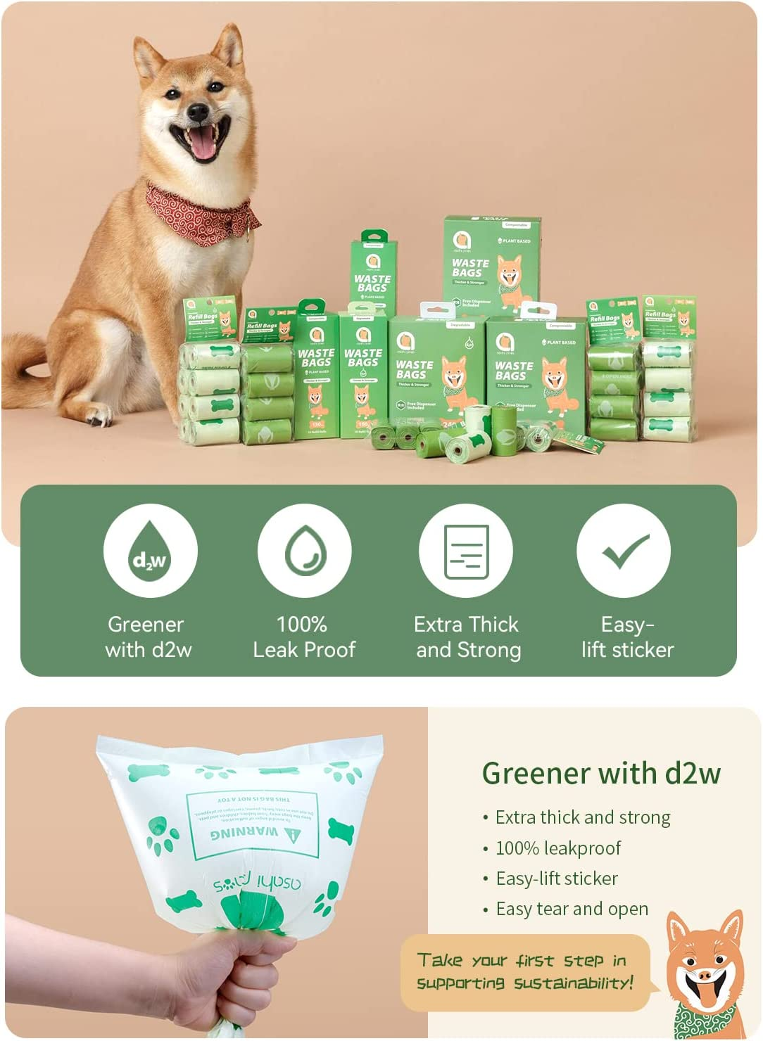 Asahi Paws Degradable Poop Waste Bag Greener with D2W Controlled-Life Plastic Technology 100% Leakproof, Sorted Scent, Easy Tear, Extra Thick & Strong Poop Bags for Dogs & Cats (Degradable 120 Bags) image number 3
