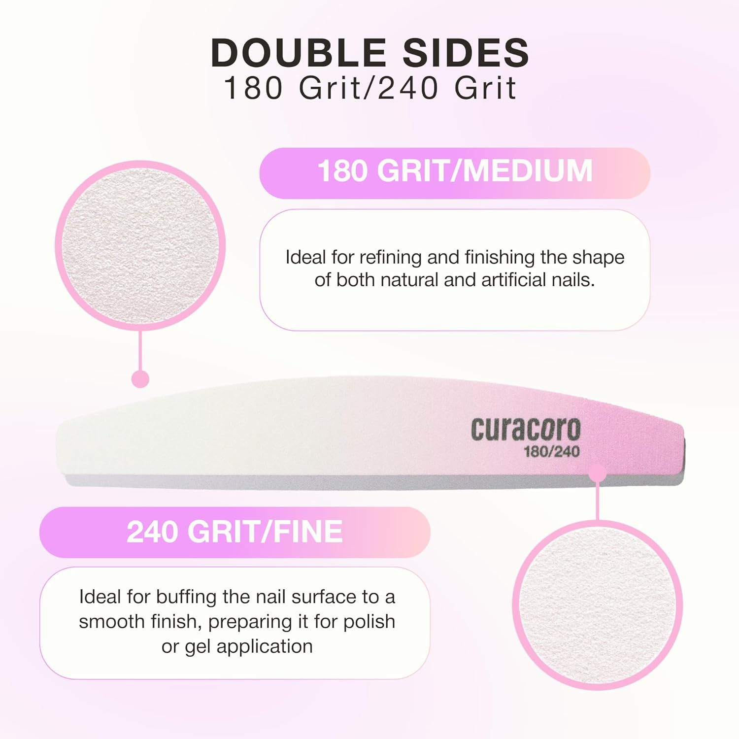 Curacoro 10 PCS Nail File - Professional Half-Moon Nail Files Double Sided Emery Board (180/240 Grit), Washable Nail Files and Buffers, Smooths & Shapes Nails, Manicure & Pedicure Buffing Tools image number 5