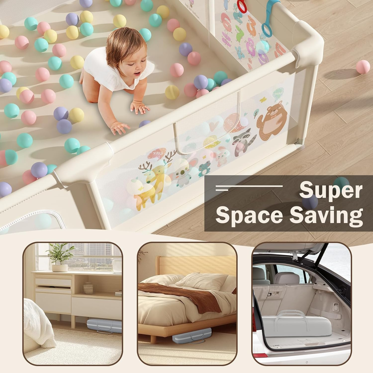 200X150Cm Playpen Baby, Extra Large Play Pen for Toddlers with Pattern Anti-Slip Sturdy Baby Play Yards Fence with 50 Balls, 4 Pull Rings, Balls Storage, Ball Storage & Zipper Door (Beige) image number 4
