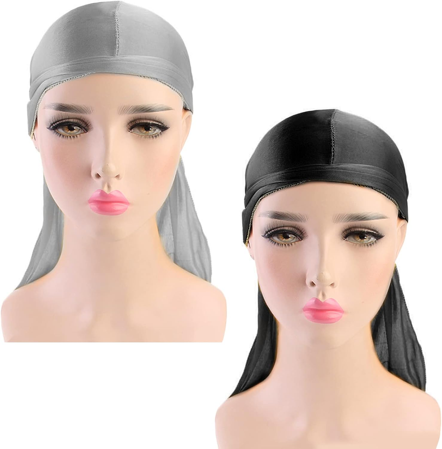 2 Pieces Long Tail Durag, Unisex Silk Durag 360 Waves Headwraps Wide Straps Pirate Hair Loss Chemo Cap Bandana Turban Hat for Women and Men Hip-Hop - Black+Grey image number 3