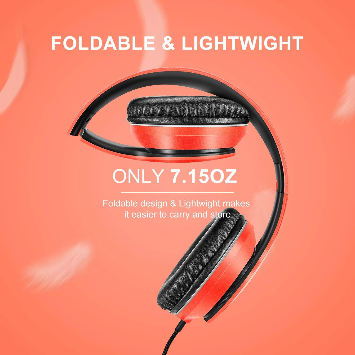 LORELEI X6 Over-Ear Headphones with Microphone, Lightweight Foldable & Portable Stereo Bass Headphones with 1.45M No-Tangle,Wired Headphones for Smartphone Tablet MP3 / 4 (Vitality Orange) image number 5