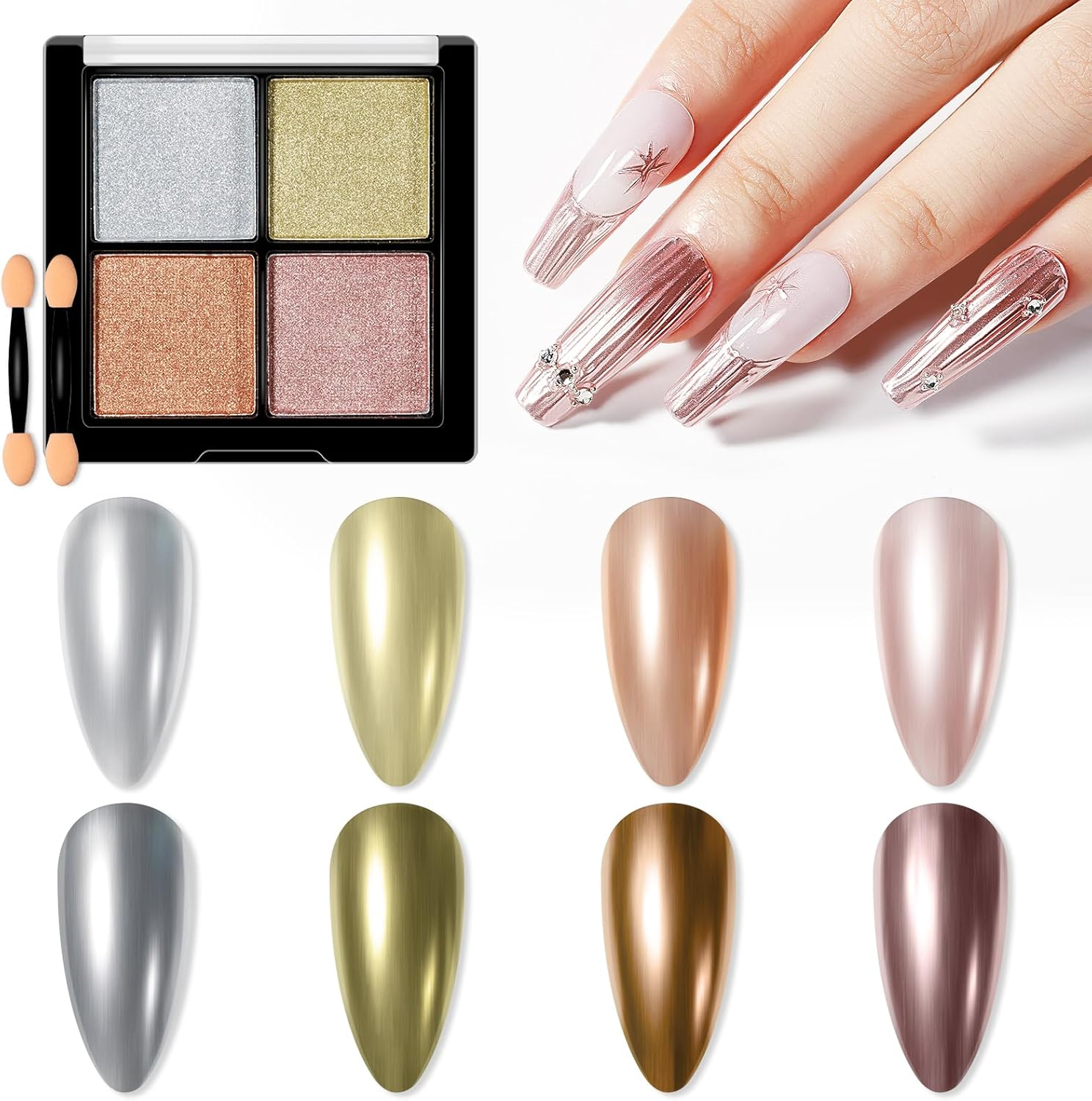 MIZHSE Chrome Nail Powder Wirh Applicators Gold Silver Mirror Effect 4 Colors Holographic Manicure Nail Art for Gel Nails Decoration Glitter Cromer Nail Powder for Home DIY Salon Use image number 5