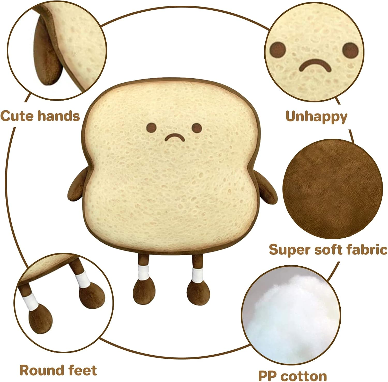 Toast Bread Pillow Funny Food Plush Toy Pillows Small Cute Stuffed Plush Sofa Pillow (Toast ​​Bread, Brown) - Happy image number 6