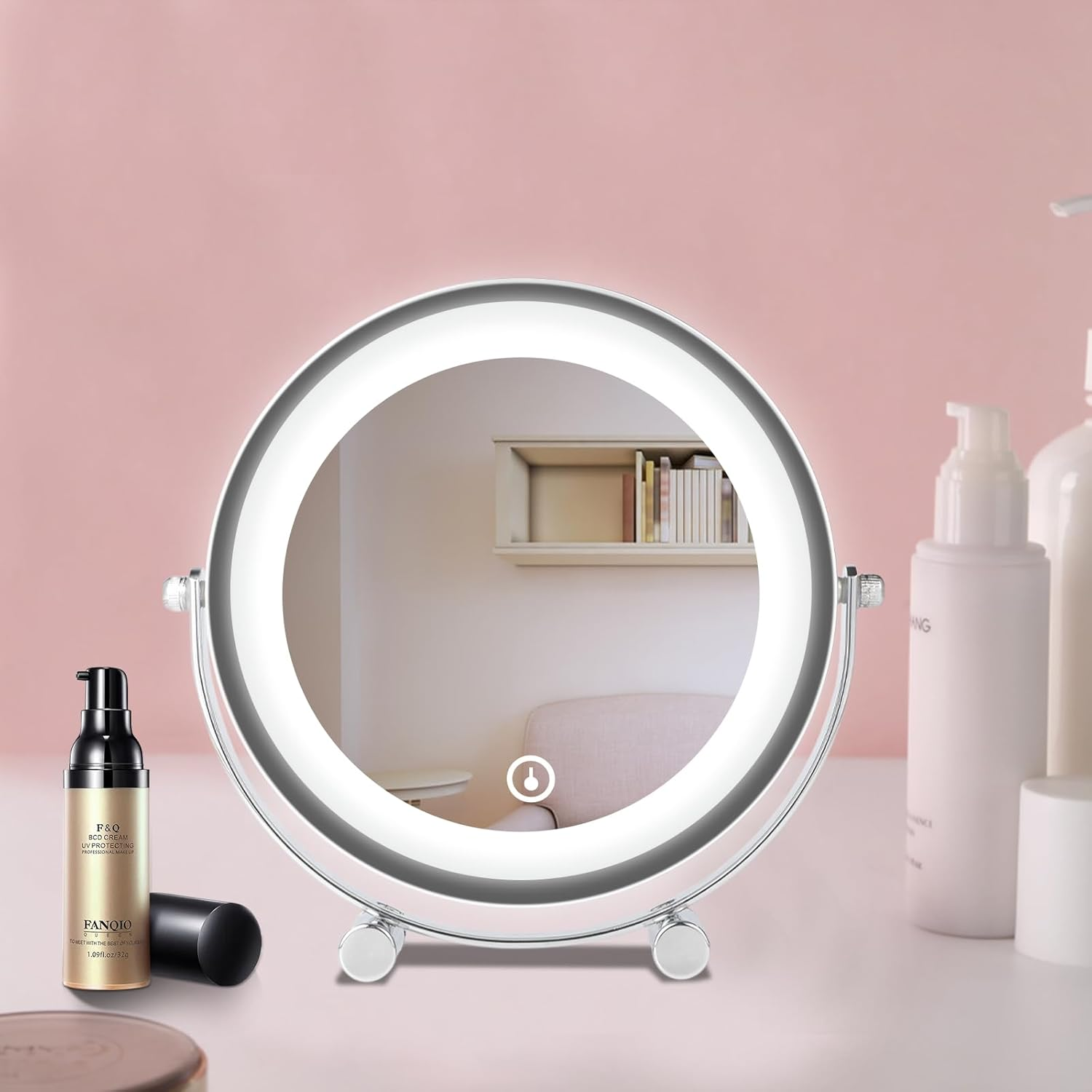 Clevinger round Vanity Mirror, 1X/3X Magnification Double-Sided LED Bedroom Makeup Mirror with Lights, Portable Lighted Tabletop Mirror, Table Desk Counter Top Mirror Bathroom Shaving Mirror image number 4