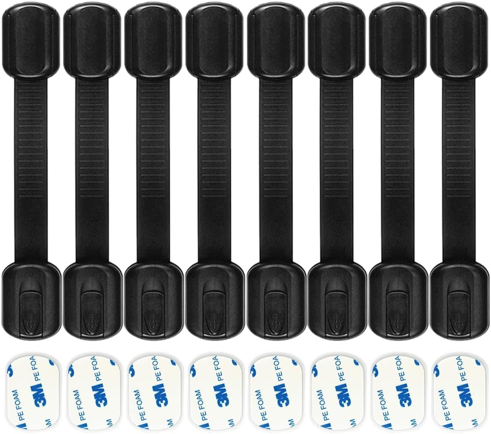 Vivva Child Safety Strap Locks 8 Pack Baby Locks for Cabinets and Drawers, Toilet, Fridge & More, 3M Adhesive Pads, Easy Installation, No Drilling Required (White)
