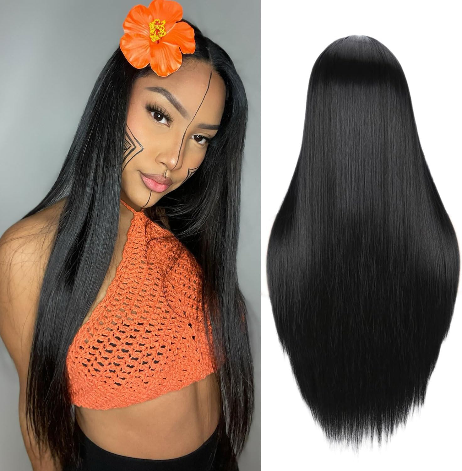 XILIYAI Long Black Wigs for Women, 26 Inch Middle Parting Synthetic Wavy Wig for Daily Party, Natural Black