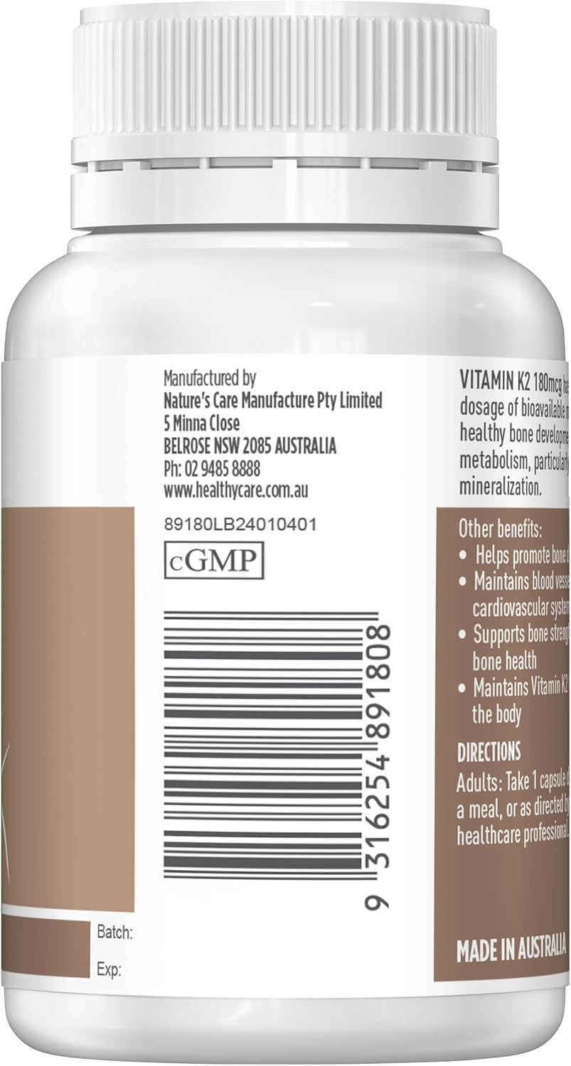 Healthy Care Vitamin K2 180Mcg Capsules, Bone Health Support, 50 Pack