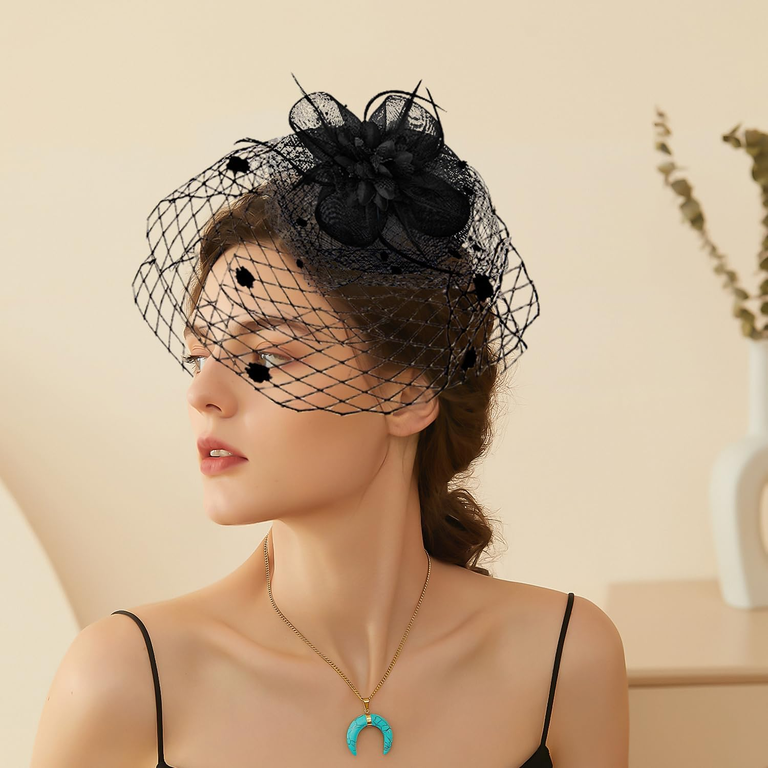 1 Piece Veil Headband, Net Headpiece, Bridal Hair Accessories, Flower Clip with Feathers, Headband with Hat (Black) image number 3